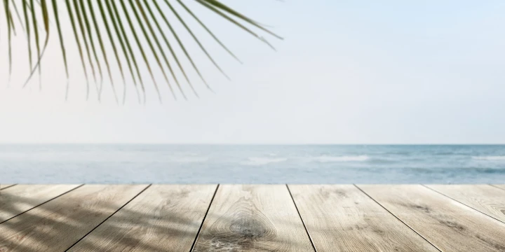 Beach product backdrop with wooden counter